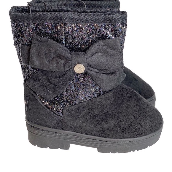 New Bebe Girls Black with Glitter and Bow Faux Suede Boots Size 7 Faux Fur Linin - Picture 1 of 10